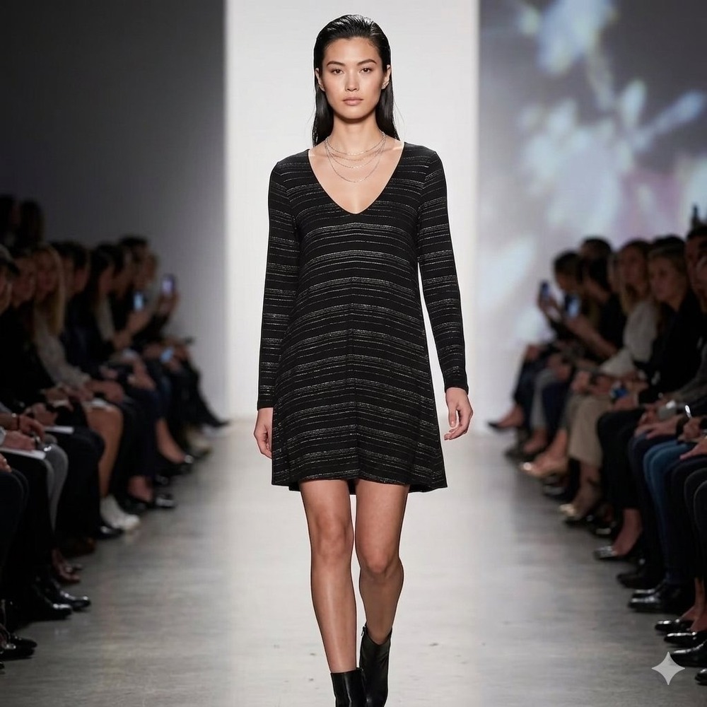 American Eagle Women's Medium Black Long Sleeve Shimmer Stripe Dress NWT